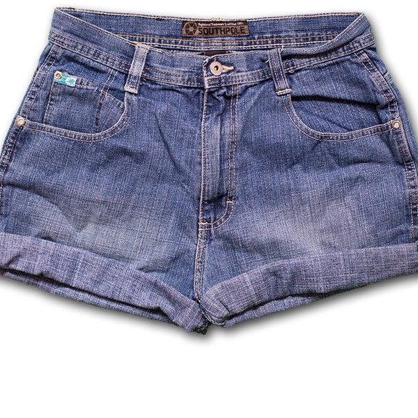Vintage 90s Southpole Medium Blue Wash High Waisted Rise Cut Offs Cuffed Rolled Jean Stretch Denim Shorts – Size 31/32