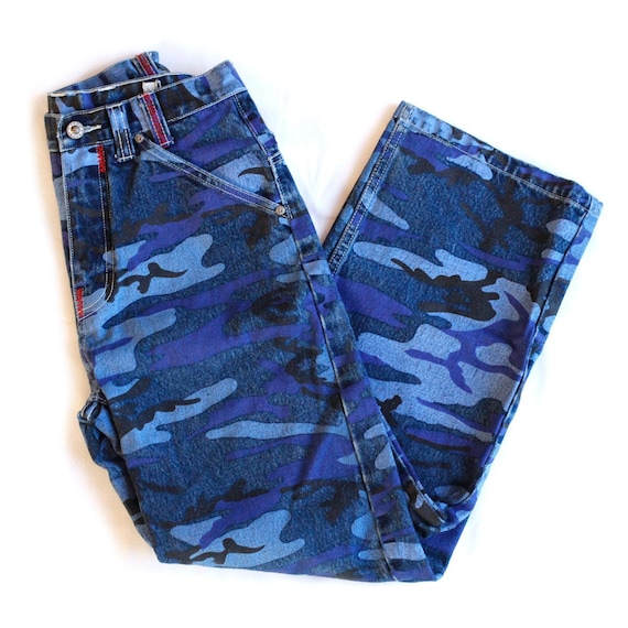 Vintage Y2k High Waisted Rise Blue Camouflage Wide