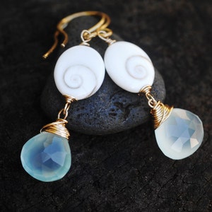 GORGEOUS Aqua Chalcedony & Eye of Shiva shell dangle earrings // Natural Gemstones // Wire wrapped jewelry // Lovingly handmade in Hawaii