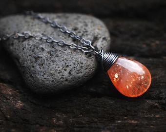 Sparkling SunStone gemstone Necklace // Wire wrapped jewelry // Fire Goddess Pele // Little drop of sunshine // Handmade in Hawaii with love