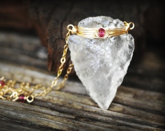 Quartz Crystal arrowhead pendant with petite Watermelon Tourmaline // Wire wrapped jewelry // Boho // lovingly handmade in Hawaii //