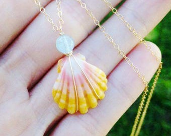 STUNNING Sunrise Shell Necklace with AAA Gemstone or Pearl // Pick shell & stone // Wire wrapped jewelry // Handmade in Hawaii with love //