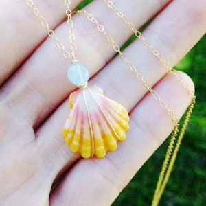 STUNNING Sunrise Shell Necklace with AAA Gemstone or Pearl // Pick shell & stone // Wire wrapped jewelry // Handmade in Hawaii with love //