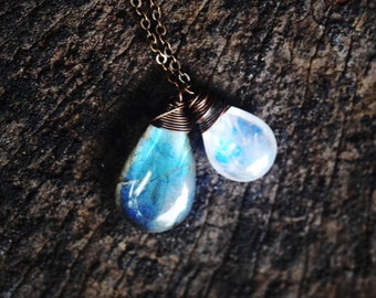Hawaiian moon rise : Stunning Labradorite & Moonstone necklace //  AMAZING VERY UNIQUE gemstones // Blue Flash / /Boho // Lovingly Handmade