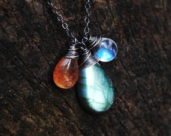 Labradorite, Moonstone & Sunstone trio necklace // AMAZING, Glowing, AAA gemstones // Wire wrapped jewelry made in Hawaii with  love //