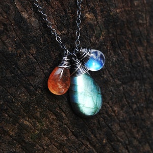Labradorit, Mondstein & Sonnenstein Trio Halskette // Erstaunliche, leuchtende, AAA Edelsteine // Drahtgewickelter Schmuck, hergestellt in Hawaii mit Liebe //