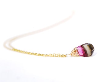 GORGEOUS Watermelon Tourmaline slice necklace // 24 K Gold filled or sterling silver // Raw, natural, pink & green Watermelon Tourmaline //