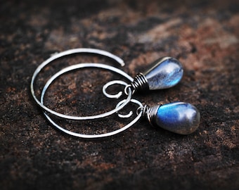 STUNNING Labradorite Swirl Hoop Earrings // Stunning and Glowing Labradorite Drops on oxidized or shiny silver hooks // Handmade with love