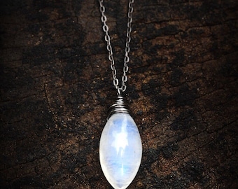Glowing Marquise Rainbow Moon Stone Necklace // Amazing & Unique gemstone // Blue Flash moonstone // Wire wrapped Hawaiian jewelry // Boho
