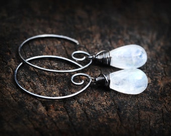 Moonstone Dream Swirly hoop Earrings // AAA Rainbow moonstone drops on Oxidized sterling silver ear hooks //Handmade in Hawaii with love