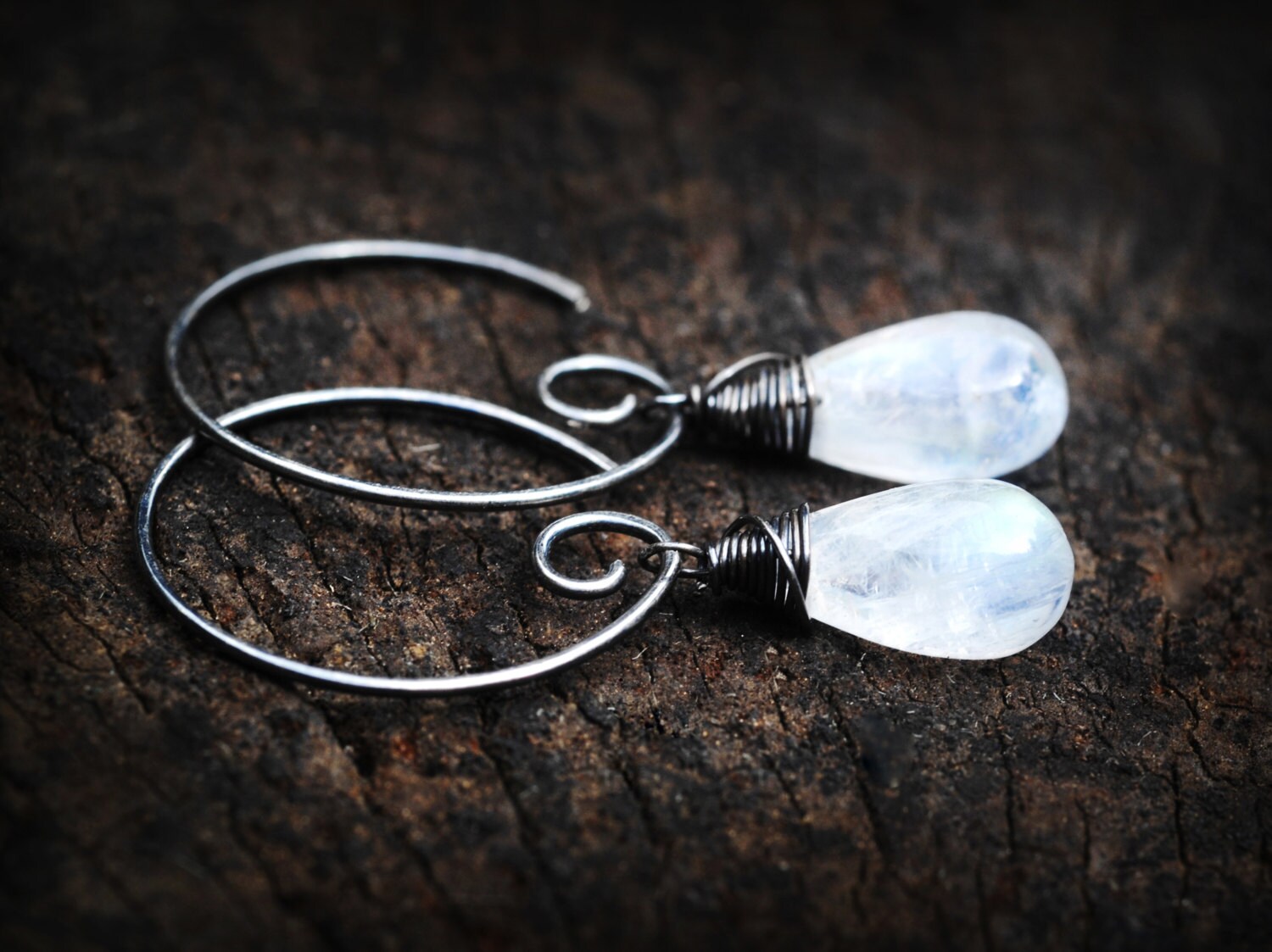 Moonstone Dream Swirly hoop Earrings // AAA Rainbow moonstone drops on