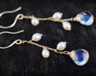 GORGEOUS Gemstone and petite pearl dangle earrings and necklace // AMAZING  AAA gemstones & pearls // Moonstone // Handmade in Hawaii //