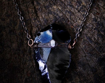 MOON WARRIOR Obsidian Arrowhead pendant with Rainbow Moonstone Labradorite // Wire wrapped jewelry // Boho // Handmade in Hawaii with love