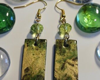 handmade earrings, fashion earrings, drop earrings, beads earrings, polymer clay earrings, green earrings, rectangular earrings.