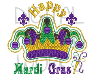 Happy Mardi Gras Jester Crown Embroidery Design for 4x4 5x7 and 6x10 inch hoops. Textured stitching, Instant Download ITEM# HMGJM01