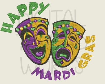 Happy Mardi Gras Comedy Tragedy Theater Masks Embroidery Design. Instant Download for 5x7 and 6x10 inch hoops. ITEM# HMGCTM01