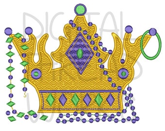 Mardi Gras King Crown and Beads Embroidery Design for 4x4 5x7 and 6x10 inch hoops. Instant Download. ITEM# MGKCB