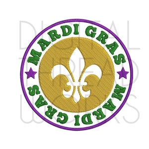 Mardi Gras Embroidery Machine Design for 4x4 5x7 and 6x10 inch frames. Fleur de lis pattern, medallion logo , cutout fleur de lis pattern