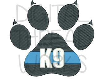 Diseño de bordado de huella de pata conmemorativa K9, línea azul fina (descarga digital)