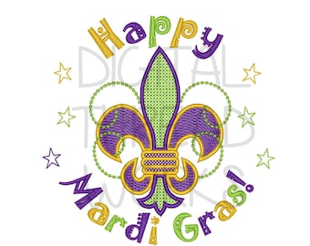 Happy Mardi Gras Fleur De Lis Machine Embroidery Design for 4x4 5x7 and 6x10 inch hoops. Instant Download ITEM# HMGFDL