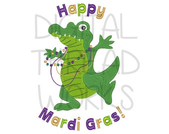 Happy Mardi Gras Alligator Embroidery Design for 4x4 5x7 and 6x10 inch hoops. Party Gator Croc with beads Instant Download ITEM# HMGA