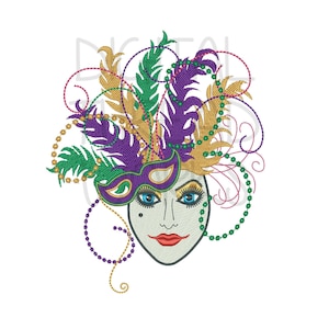 Mardi Gras Lady Mask Embroidery Design 3 sizes 8 formats Instant Download. Feathers & Beads Harlequin Mask Logo 4x4 5x7 6x10 ITEM# MGLM