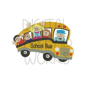 Back To School Bus with Students Kids Embroidery Design for 4x4 5x7 6x10 Inch Hoops. Back To School digital download embroidery file.