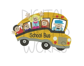 Diseño de máquina de bordar de autobús escolar, regreso a clases para niños (descarga digital)