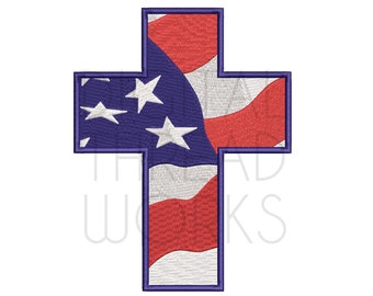 Diseño de bordado de cruz con la bandera estadounidense (descarga digital)