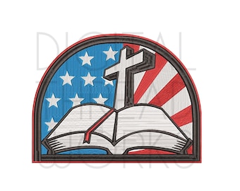 Diseño de bordado de cruz, Biblia y bandera (descarga digital)