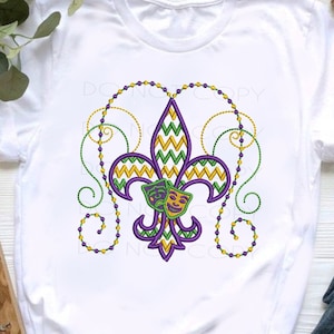 Mardi Gras Fleur De Lis Machine Embroidery Design in 4x4, 5x7, & 8x10 Inch Hoop Sizes. Instant Download Chevron Masks and beads