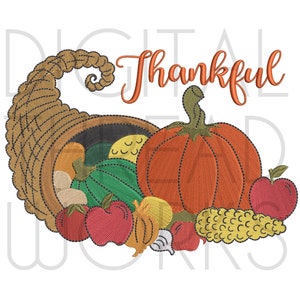 Thankful Cornucopia Harvest Machine Embroidery Design Instant Download for 4x4 5x7 and 6x10 inch hoops. Thanksgiving Fall Harvest pattern.