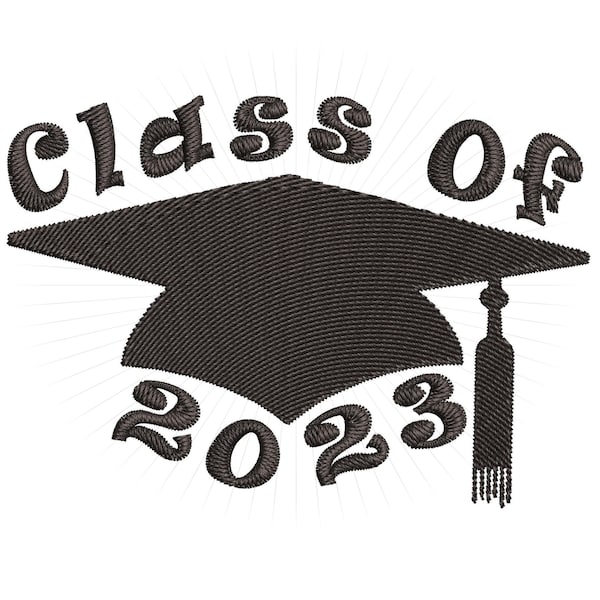 2023 Graduation Cap Embroidery Machine Pattern for 4x4 5x7 and 6x10 inch hoops. Class of 2023 digital embroidery file.