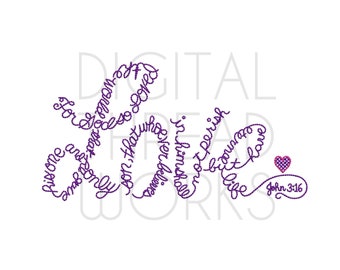 John 3:16 Gott so liebte die Welt Maschinenstickerei, Liebe Schrift, digitaler Download