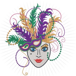 Diseño bordado de máscara de carnaval con plumas y cuentas (4x4, 5x7, 6x10) (Descarga instantánea)