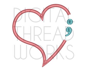 Semicolon Heart Embroidery Design, Suicide Prevention Awareness (Digital Download)