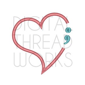 May include: A pink heart outline with a teal semicolon inside. The semicolon is a symbol of mental health awareness.