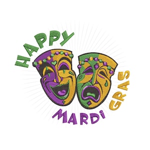 Mardi Gras Commedia Tragedia Teatro Maschere Ricamo Design. Lime per macchine da ricamo per telai da 5x7 e 6x10 pollici. Maschere ridere e piangere.