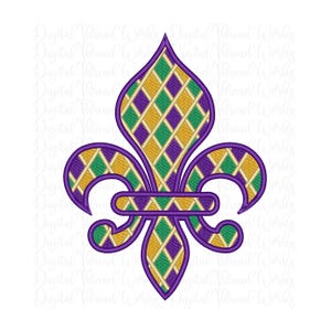 Diseño de bordado a máquina a cuadros con flor de lis para Mardi Gras. Descarga digital instantánea.