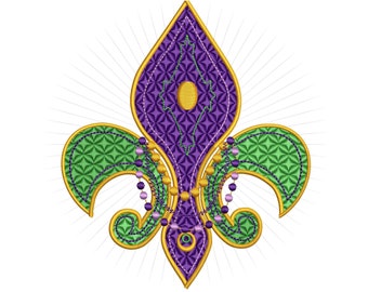 Mardi Gras Fleur de Lis Embroidery Design: Quilted Stitch with Beads Pattern (Digital Download)