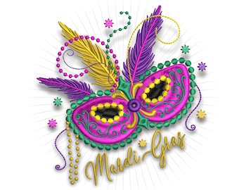 Mardi Gras Mask Embroidery Machine design, 4x4 5x7 and 6x10 sizes. Feather mask and Mardi Gras beads machine embroidery pattern download.