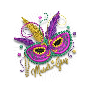 Diseño de máquina de bordar máscara Mardi Gras, tamaños 4x4 5x7 y 6x10. Descarga del patrón de bordado de la máquina de máscara de plumas y cuentas de Mardi Gras.