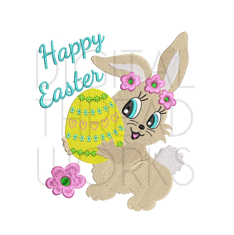 Easter Bunny and Egg Machine Embroidery Design Instant Download. Colorful Bunny and Easter Egg pattern for 4x4 5x7 and 6x10 inch hoops image 1