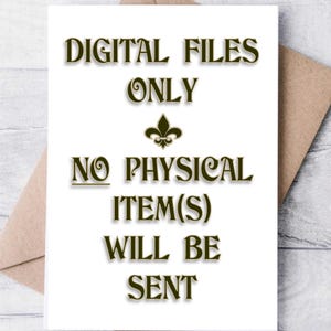 Puede incluir: Tarjeta blanca con texto negro que dice "ARCHIVOS DIGITALES SOLO NING&Uacute;N ART&Iacute;CULO F&Iacute;SICO SE ENVIAR&Aacute;". Un s&iacute;mbolo de flor de lis se encuentra entre las palabras "SOLO" y "NING&Uacute;N".