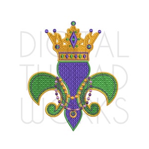 Mardi Gras Crown Fleur De Lis Embroidery Design for 4x4 5x7 and 6x10 inch hoops. Instant Download, crown and beads. ITEM# RKFDL