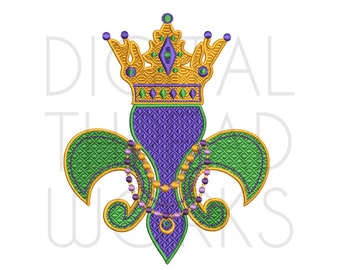 May include: A purple and green fleur-de-lis with a gold crown on top and gold and purple beads hanging from the bottom.