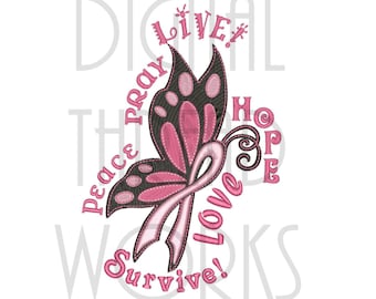 Breast Cancer Awareness Hope Butterfly Embroidery Machine Design (Instant Download)