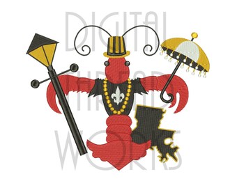 Desenho para bordado à máquina de lagostins do Mardi Gras, cultura Cajun da Louisiana (download instantâneo)