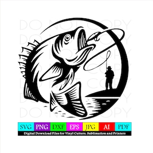 Fisherman Catching Fish SVG Cut & Print pattern instant digital download.