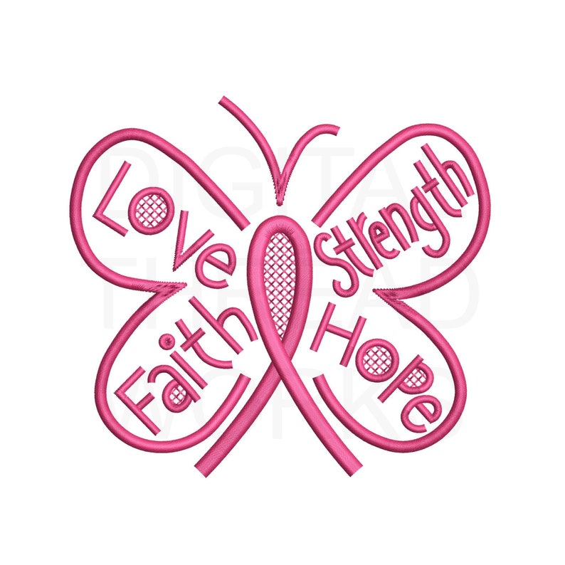 May include: Pink butterfly design with a pink ribbon in the center. The words "Love", "Faith", "Hope", and "Strength" are written around the butterfly.